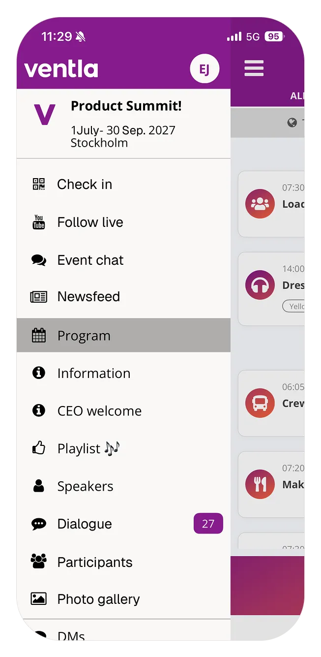 The Ventla event app on a phone, showing an event menu with agenda, check-in, chat and photo gallery
