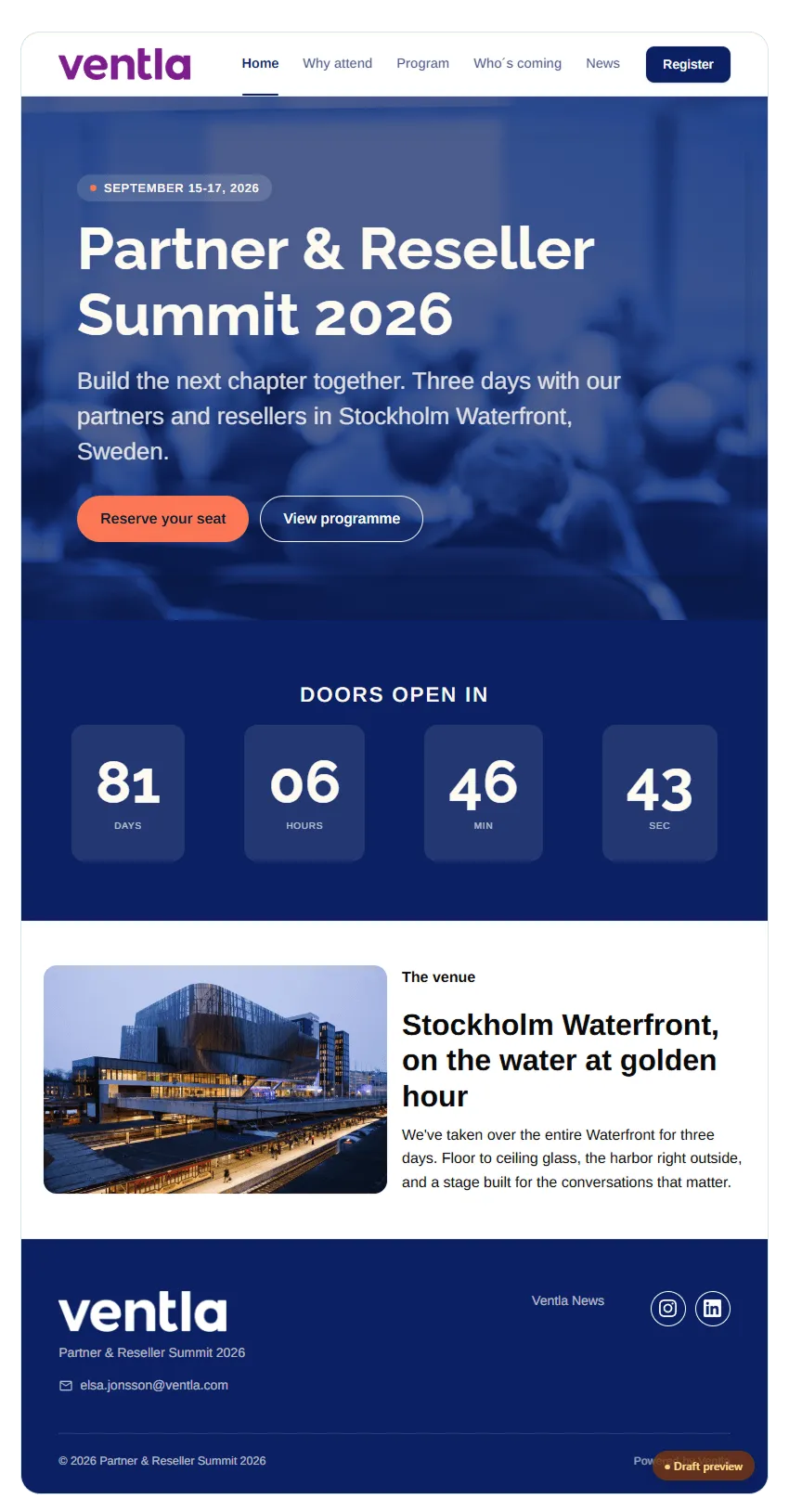 The Ventla event website builder, showing a branded event landing page with a countdown and venue details
