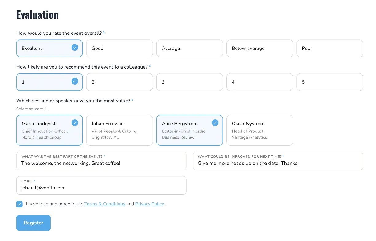 Ventla post-event evaluation survey showing rating questions and response charts
