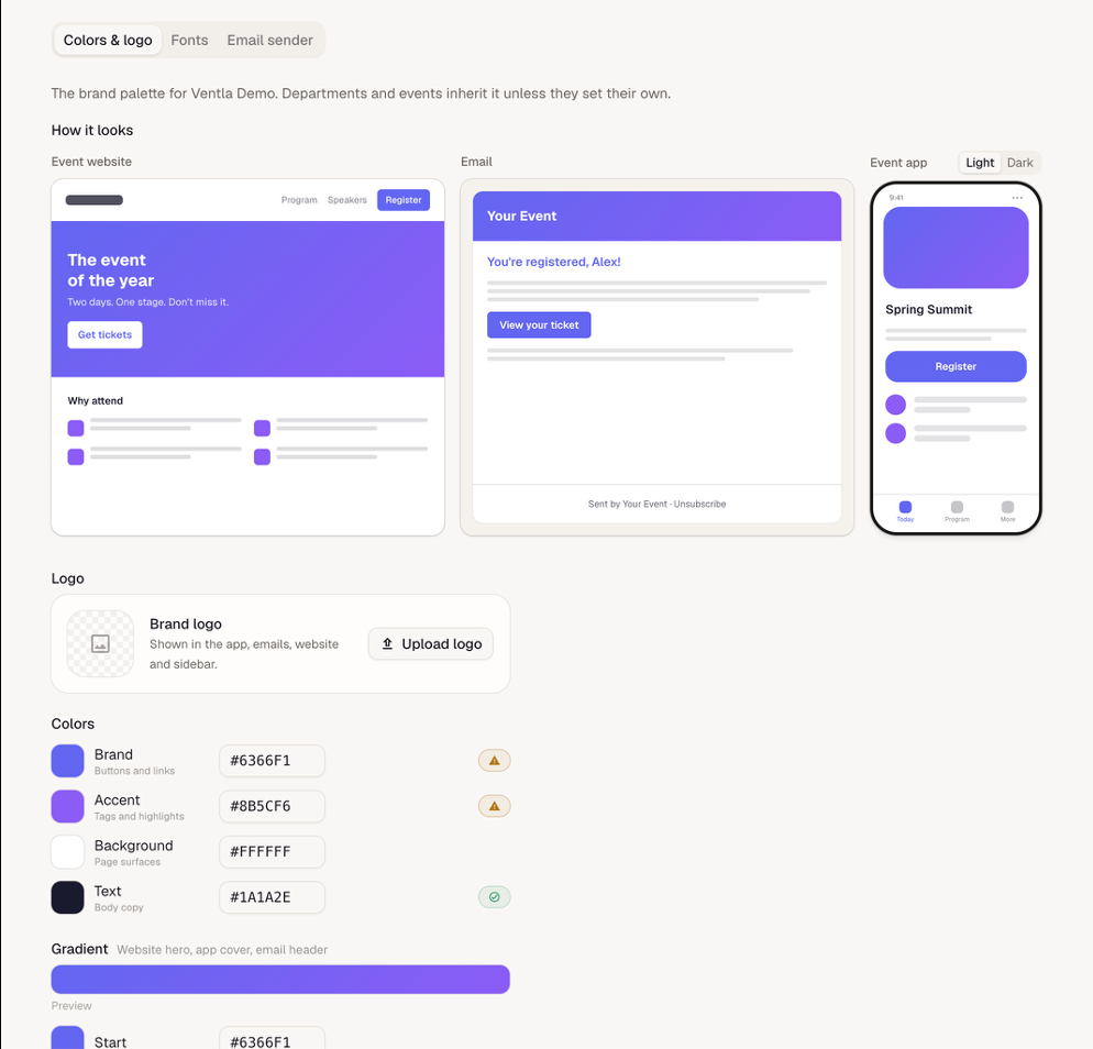 Ventla branding settings — set colours once and they apply across the website, app and emails