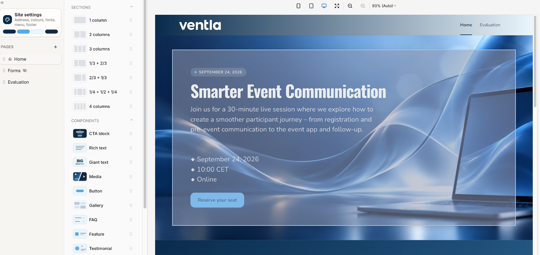 Ventla page builder — drag sections and components into a live event website