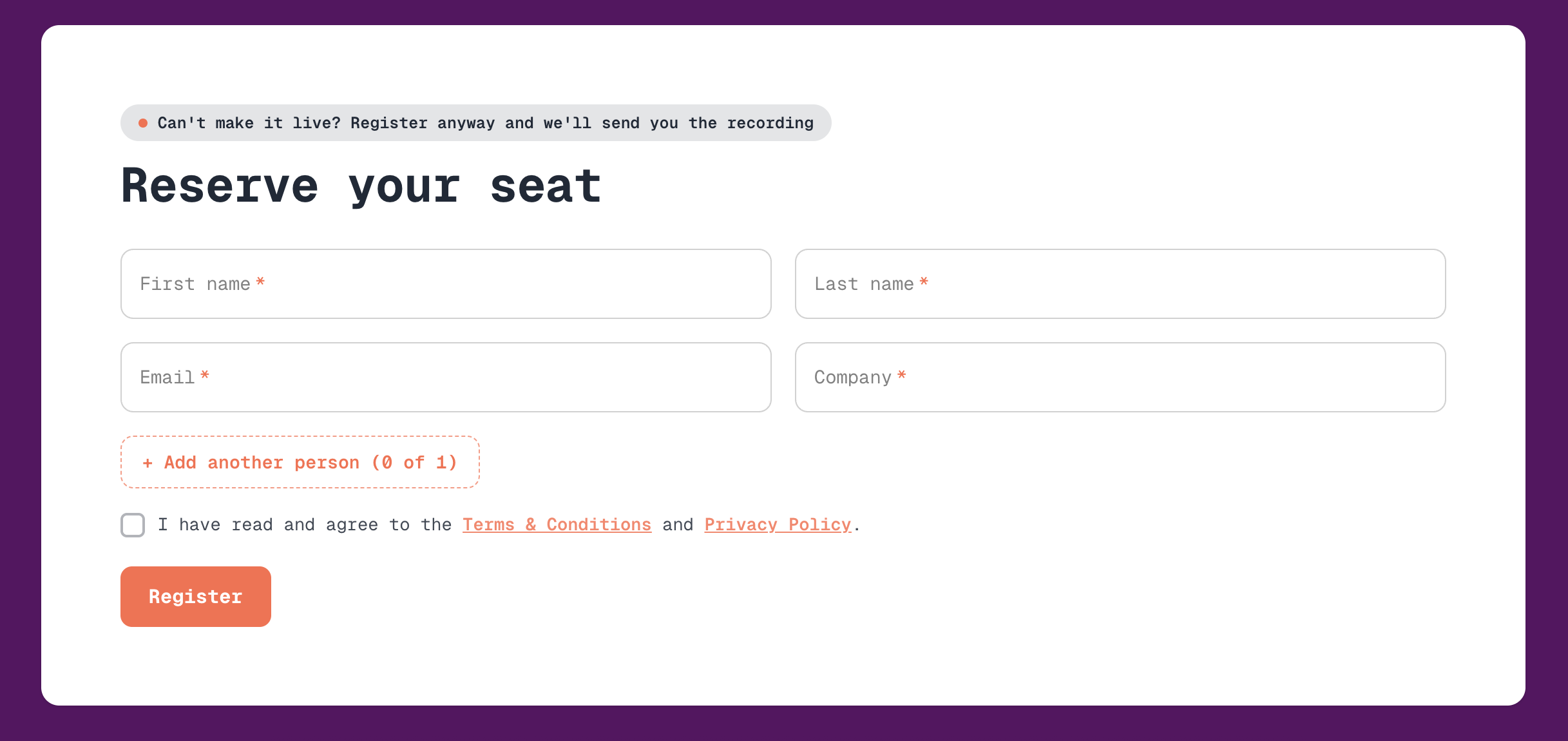 The Ventla Live registration form — four fields, one clear action