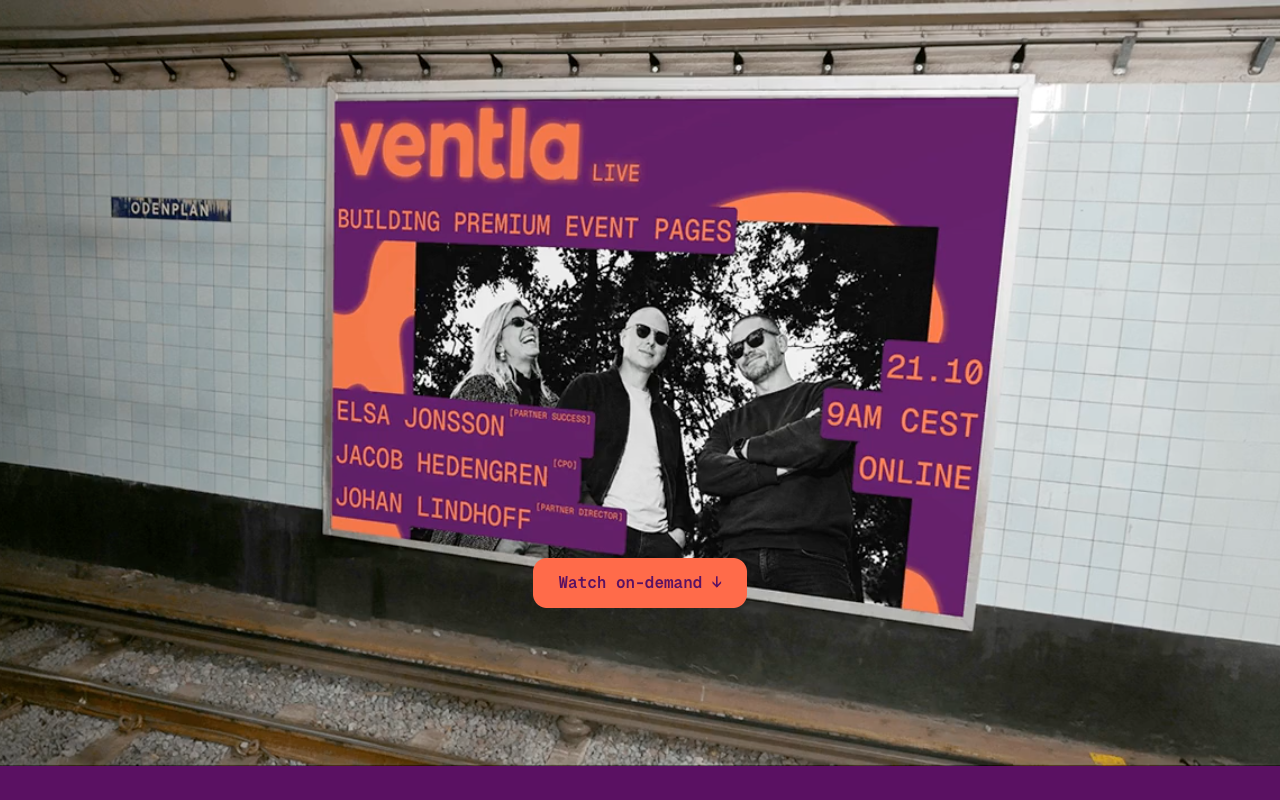 The Ventla Live event page — one bold image and clear event details at a glance